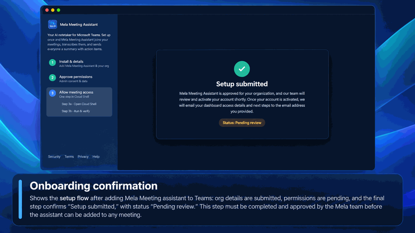Mela onboarding confirmation in Microsoft Teams