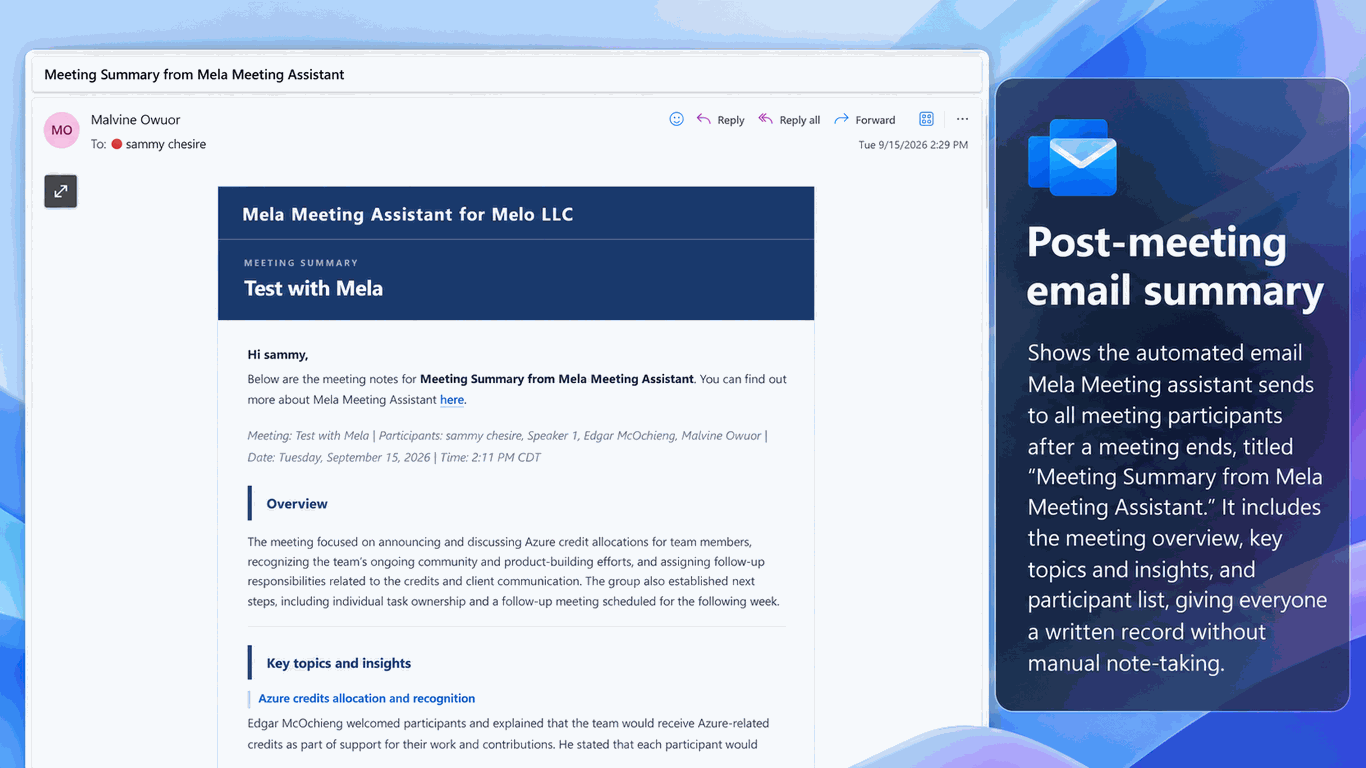 Mela post-meeting email summary with decisions and follow-up tasks