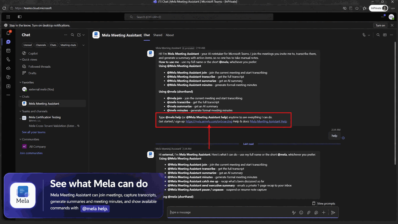 Mela welcome and onboarding experience in Microsoft Teams