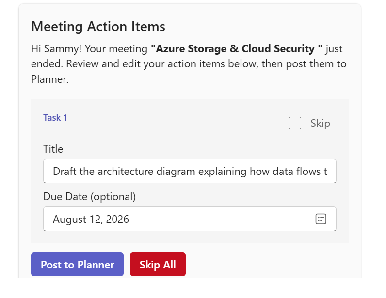 Mela Meeting Assistant action-item card showing an Azure Storage and Cloud Security meeting task ready to post to Microsoft Planner